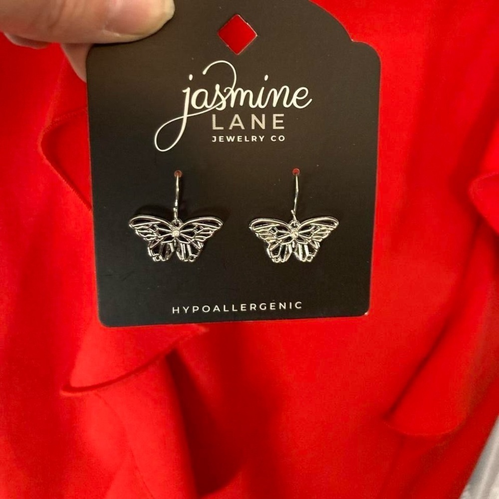 Silver color butterfly earrings Jasmine Lane NWT Hypoallergenic